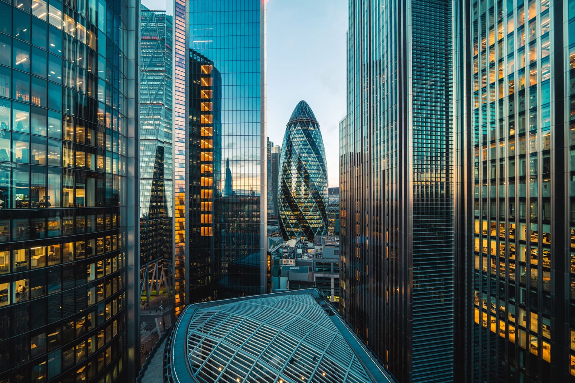 The City of London financial district at sunset